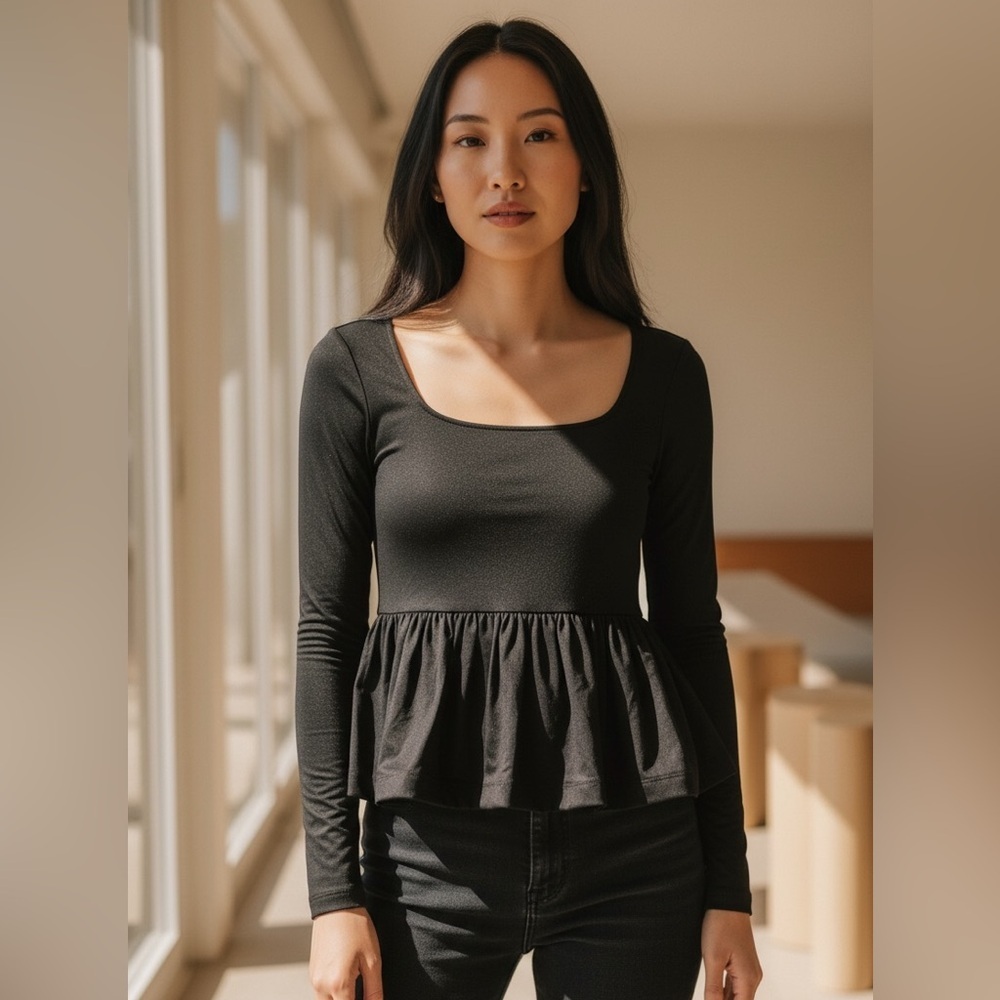 wild fable Black Scoop Neck Peplum Long Sleeve Top